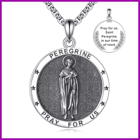 Sterling Silver Saint Peregrine Pendant Necklace 25mm with 24